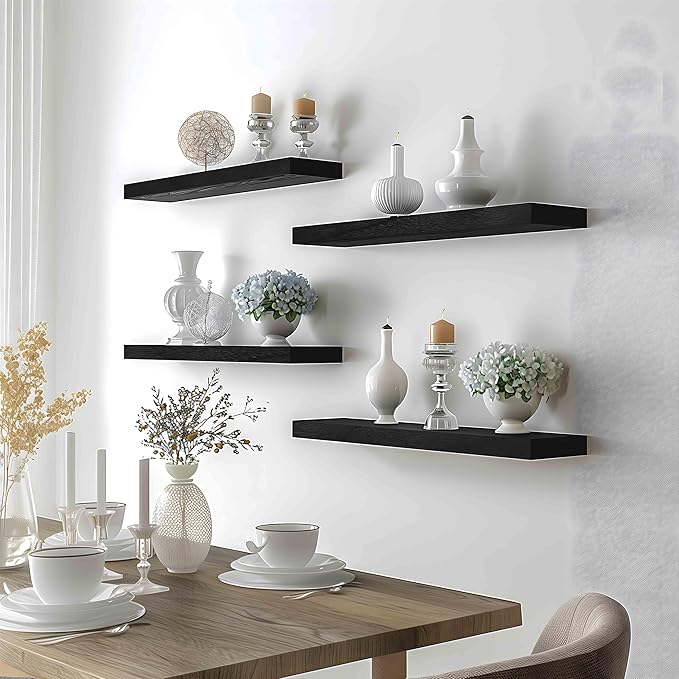 24 Inch Floating Shelves for Wall Rustic Black Wood Wall Shelves for Bedroom Set of 4-Ruum Studio Home