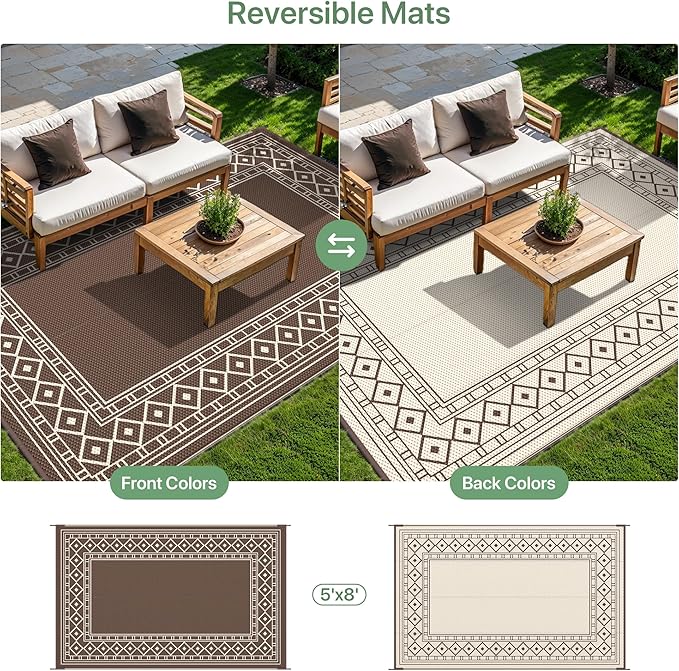 GENIMO Outdoor Rug Waterproof for Patio Decor, 5'x8' Reversible Plastic Straw Rug Carpet, Camping Mat for Outdoor, RV, Backyard, Deck, Balcony, Picnic, Beach, Coffee & Beige-Ruum Studio Home