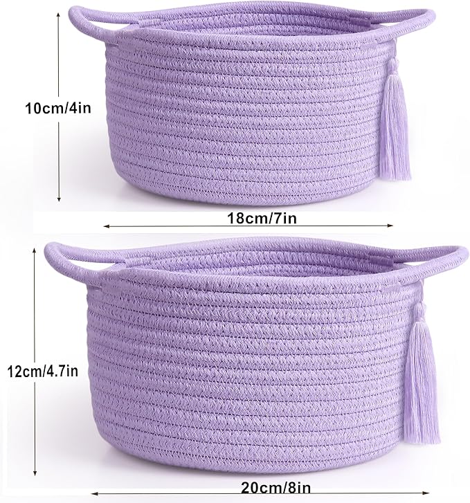 Empty Gift Basket - SweetMemo Mini Woven Rope Organizer Baskets for Baby Shower, Vanity, Makeup Brushes, Bathroom, Shelves, Desk - Small Decorative Storage Bins - Set of 2, Pre-Shaped, Lilac Purple-Ruum Studio Home