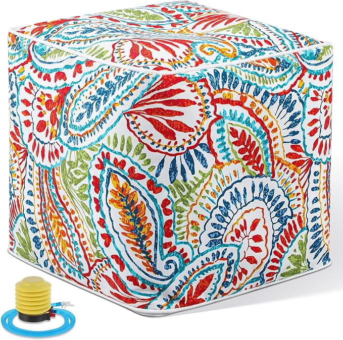 Juexica 1 Pack Ottoman Poufs Indoor Outdoor Inflatable Ottoman Stool Cube Pouffe Square Footstool with Handle for Patio Garden Home Boho Decorative Living Room, Bedroom (16 x 16 x 16 Inches)-Ruum Studio Home