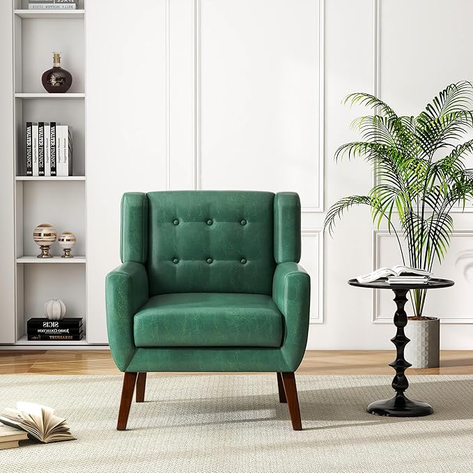 UIXE Faux Leather Accent Chair, Modern Arm Club Chair Upholstered Armchair for Living Room, Comfy Single Sofa Seats Button Tufted Reading Seating, Green-Ruum Studio Home