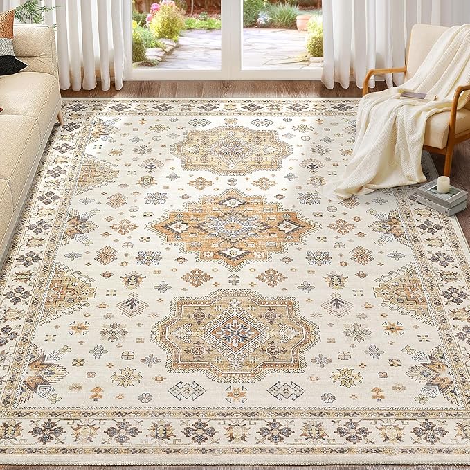 Washable Area Rugs for Living Room - 7x9 Neutral Vintage Distressed Floral Farmhouse Boho Large Soft Floor Rug Indoor Non Slip Carpet for Living Room Bedroom Dining Room Office - Orange/Yellow/Beige-Ruum Studio Home