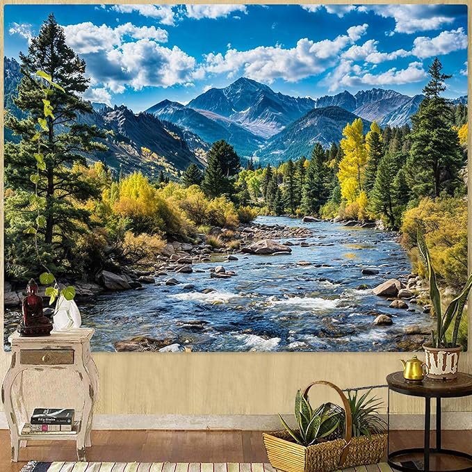 AMM Nature Forest Mountain Tapestry Green Pine Tree Tapestry for Bedroom Aesthetic White Clouds Flowing River Landscape Classroom Tapestries Wall Hanging for Living Room Dorm Office-Ruum Studio Home