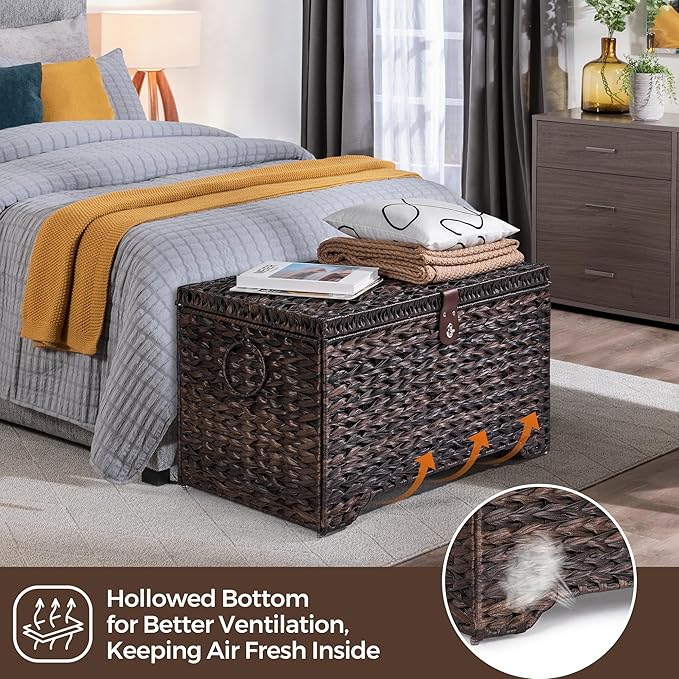 Handwoven Storage Basket with Lid, 165L Plastic Rattan Storage Bin, Leather Buckle & Metal Frame, Large Metal Ring Handles, Storage Trunk for Bedroom, Laundry Room-Ruum Studio Home