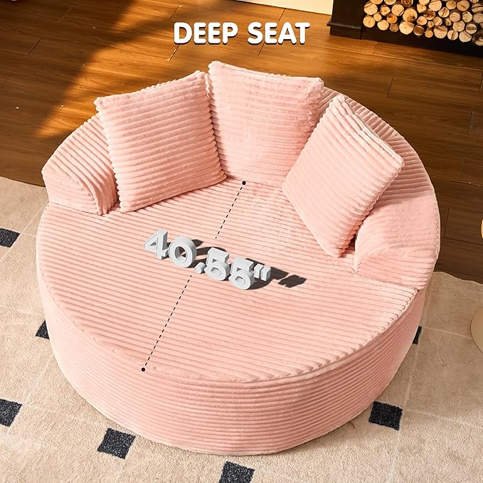 ovios 58" Oversized Round Chair Lounge Chaise Indoor, No Assembly Required, Cloud Large Circle Chair with Plush Fuax Fur, Fluffy Modern Sleeper Sofa Bed for Reading Yoga, Pink (Plush Corduroy Fabric)-Ruum Studio Home