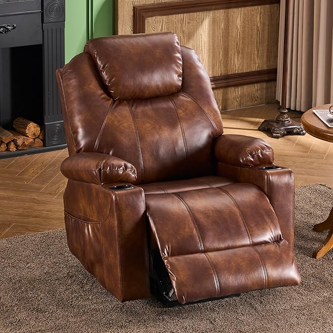 SALOHZA Power Lift Recliner Chair for Elderly with Massage and Heat for Living Room, Electric Recliner Chair for Adults with USB/Type C Port/Cup Holders, PU Faux Leather, Light Brown-Ruum Studio Home