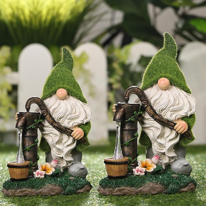TERESA'S COLLECTIONS Resin Garden Gnomes Decor with Solar Lights, Fathers Gifts, Green Outdoor Decorations for Porch Patio, Gifts for Dad and Mom，Outdoor Garden Decor Ornaments for Outside, 10"-Ruum Studio Home
