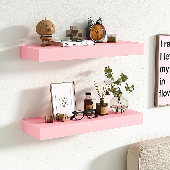BAMEOS Pink Floating Shelves for Wall, 16" x 6" Wall Shelves for Room, Floating Book Shelves, Hanging Shelves for Bedroom, Bedroom, Living Room, Kitchen (Set of 2)-Ruum Studio Home