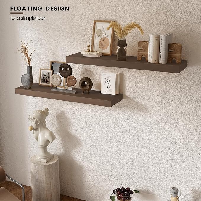 Wood Floating Shelves for Wall 36” x 8”x 1.4” Shelf Floating Rustic Farmhouse Decor, Heavy Duty Shelf Hold 80 lbs, Wall Shelves for Bathroom Living Room Kitchen Bedroom Office, 2 Packs Walnut-Ruum Studio Home