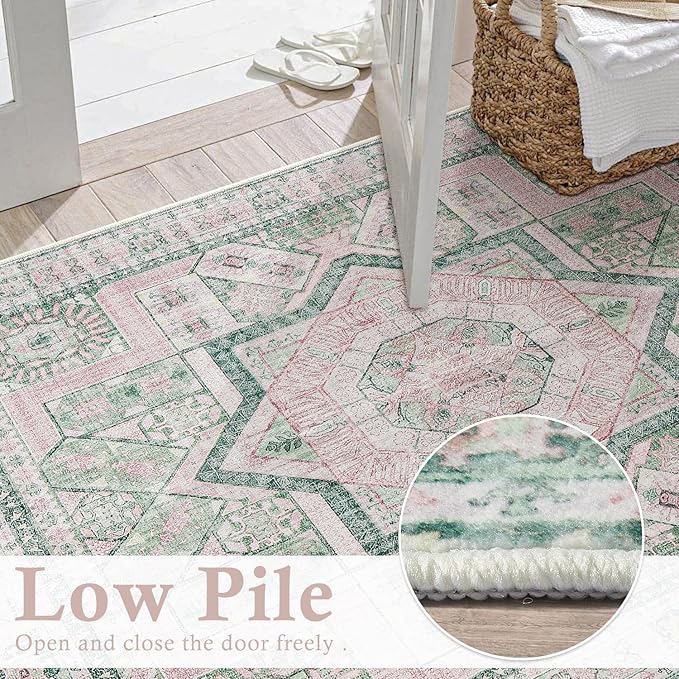 DCX Washable 8x10 Area Rug, Soft Machine Washable Non Slip with Rubber Backing Vintage Rug, Kid & Pet Friendly Living Room Area Rugs 8x10, Foldable Rugs for Bedroom Dining Room Office-Pink & Green-Ruum Studio Home