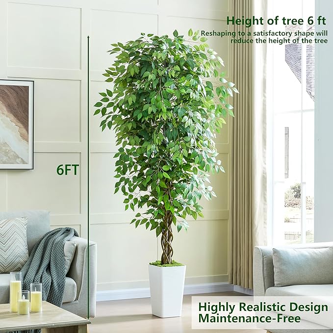 Artificial Ficus Tree 6FT Faux Plants Indoor Tall Fake Plants with White Planter, Green Lifelike Lush Fake Ficus Tree for Home Living Room Bedroom Outdoor Balcony House Office Decor-Ruum Studio Home