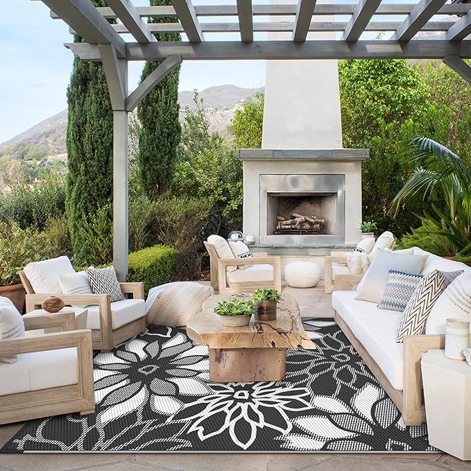 GENIMO Outdoor Rug Waterproof for Patio Decor, 8' x 10' Reversible Plastic Straw Floral Camping Carpet, Large Area Rugs Mats for RV, Camper, Deck, Balcony, Porch, Beach, Picnic, Black & White-Ruum Studio Home
