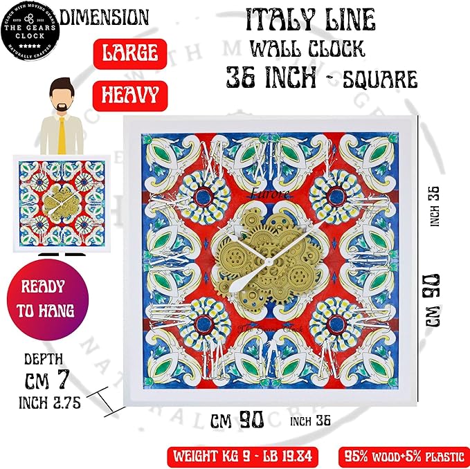 The Gears Clock Wall Clock Italy Collection with Moving Gears (Meta, 36 inch Square)-Ruum Studio Home