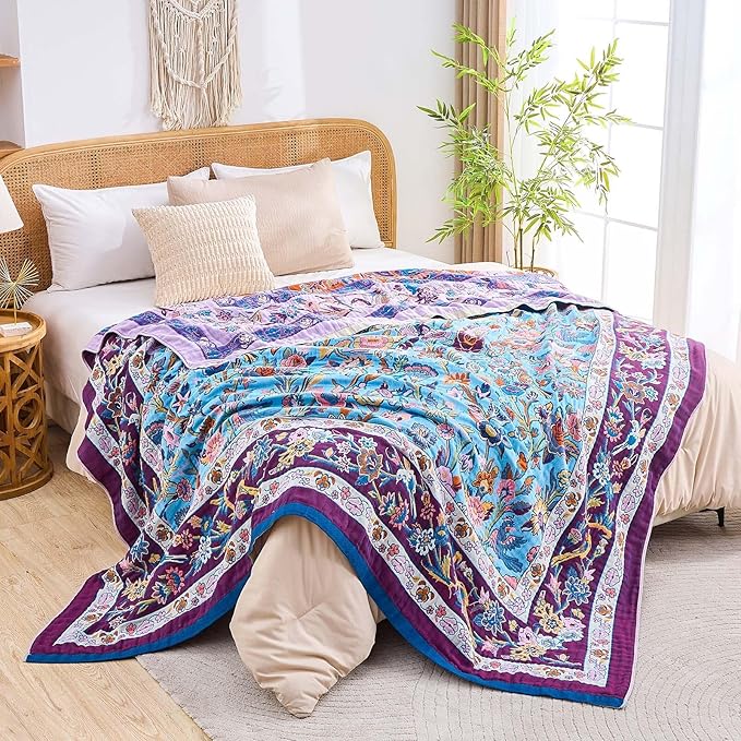 Fall Blanket for Bed, 100% Cotton Soft Rustic Boho Throw Blanket Quilt, 90"x98" Farmhouse Decor Bed Flower Blankets, Light Weight Reversible Bohemian Throw Quilt-Ruum Studio Home