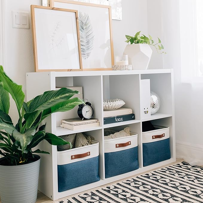 OrganiHaus Extra Large Fabric Storage Bins for Shelves 16x13in, Closet Storage Baskets for Shelf Organizing, Canvas Rectangle Bins for Organization, Linnen Baskets for Organizing - Navy Blue/White-Ruum Studio Home