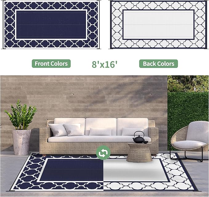 GENIMO 8' x 16' Outdoor Rug Waterproof for Patio, Foldable Reversible Plastic Straw Area Rugs Mat for Rv Decor, Outside Carpet for Camper, Deck, Picnic, Beach, Balcony, Porch, Blue & White-Ruum Studio Home