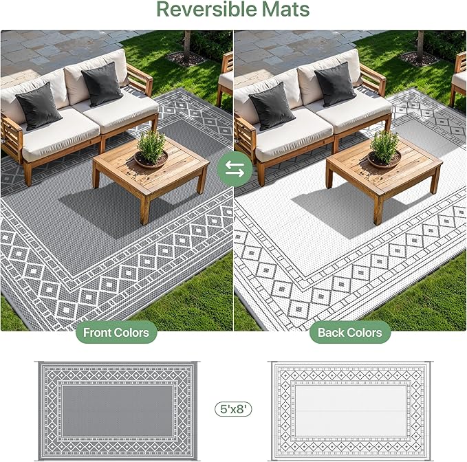GENIMO Outdoor Rug Waterproof for Patio Decor, 5'x8' Reversible Plastic Straw Area Carpet, Camping Outside Mat for Outdoor, RV, Deck, Camper, Balcony,Picnic Grey & White-Ruum Studio Home