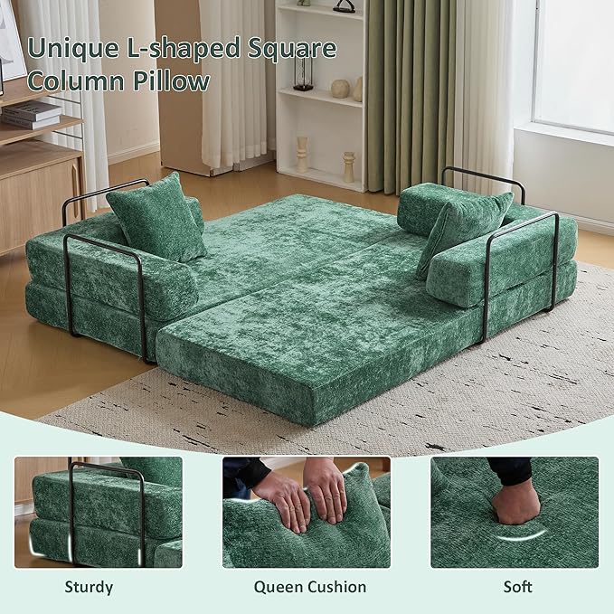 Convertible Sleeper Sofa Bed, Compression Folding Sofa with Pillow, No Assembly Required, Shape Frame, Floor Sofas Lounge Couch for Living Room, Bedroom, Small Spaces(Chenille, 77''W, Dark Green)-Ruum Studio Home