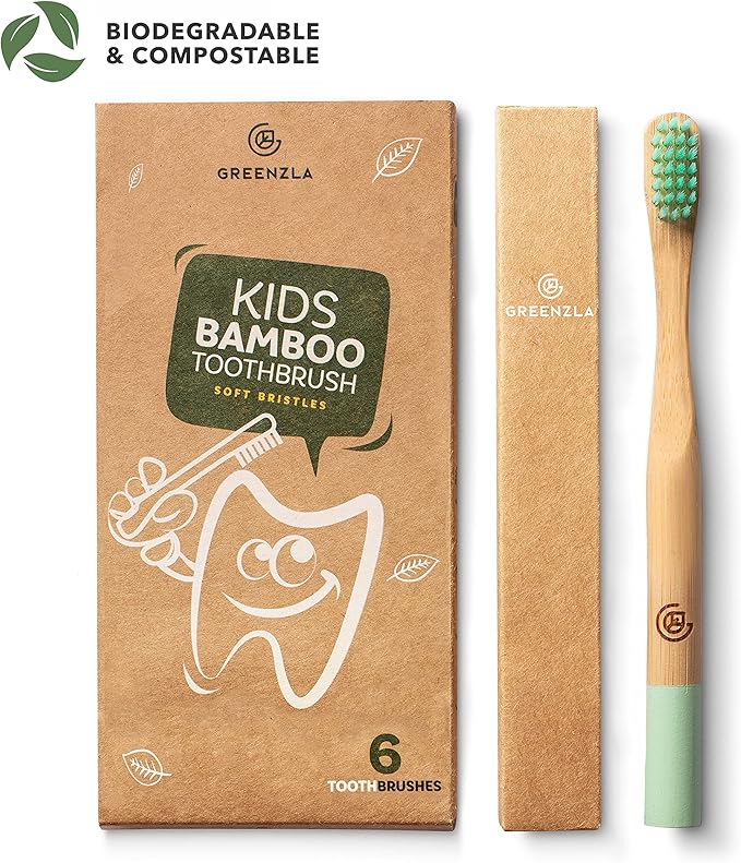 GREENZLA Kids Bamboo Toothbrushes, Natural Toothbrush Set, Soft Bristles, Durable Charcoal Wooden Brushes, Compostable Design for Toddlers and Children, 6 Pack-Ruum Studio Home