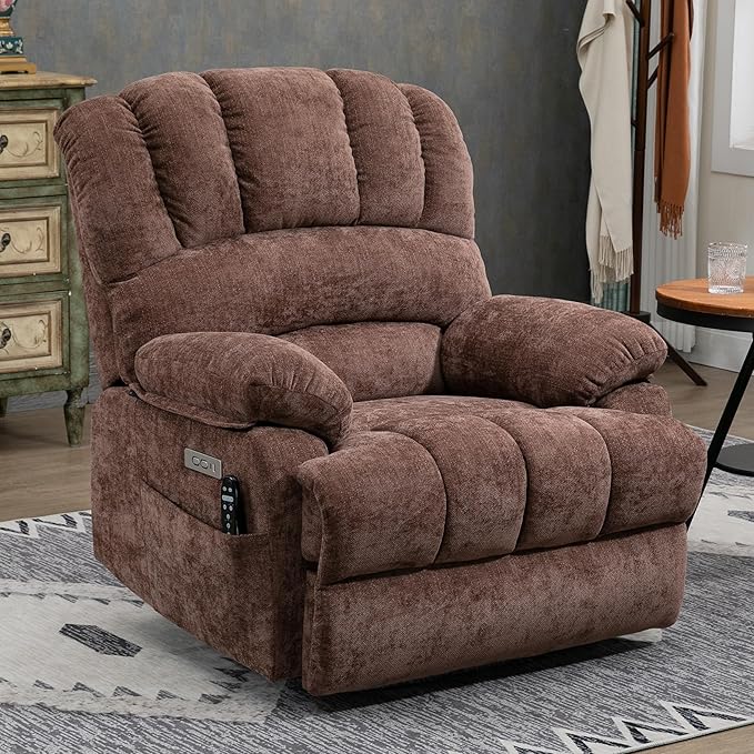 Large Power Lift Recliner Chair with Massage and Heat for Elderly, Ergonomic Backrest, Infinite Adjust, 2 Side Pockets,USB and Type-C Ports, Chenille Brown-Ruum Studio Home