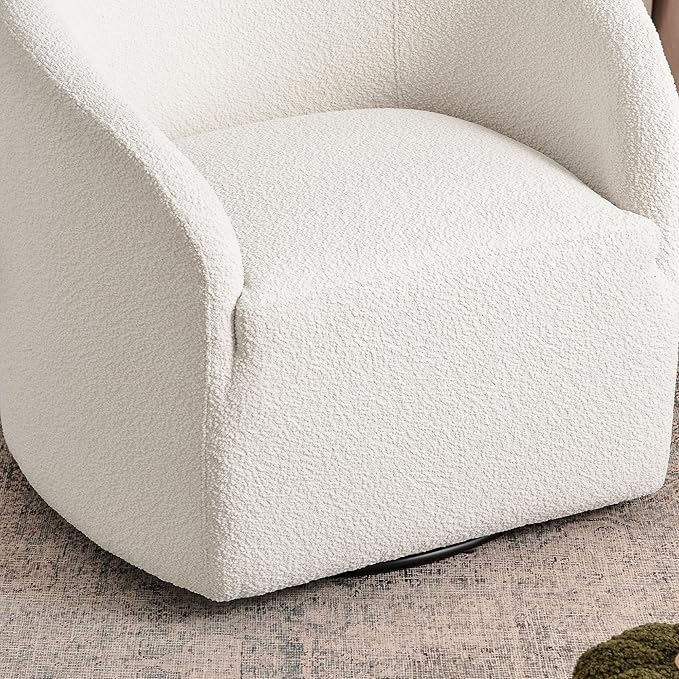 KINWELL 32" Wide Modern Boucle Swivel Barrel Chair, No Assembly Round Upholstered Swivel Accent Armchair for Living Room, Bedroom, Office (White)-Ruum Studio Home