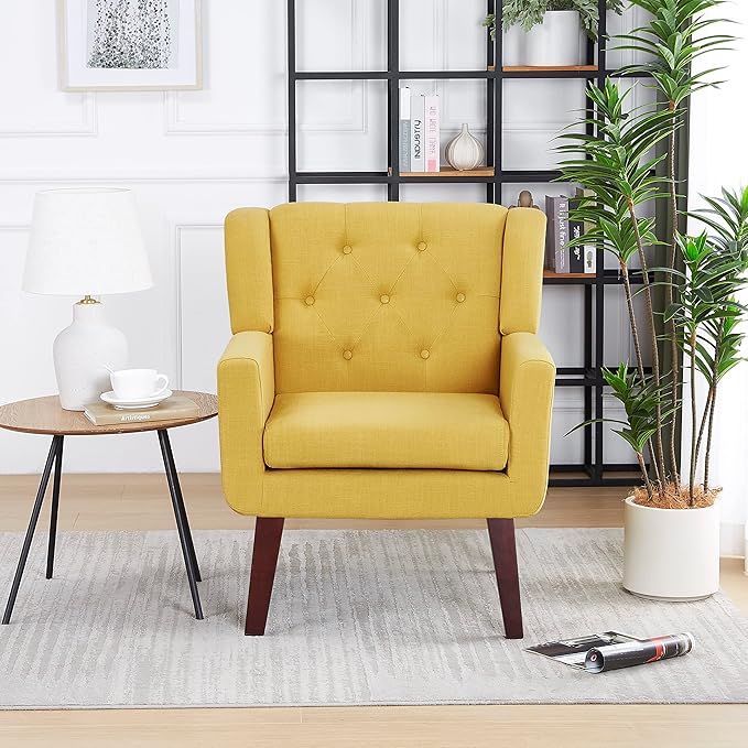 Accent Chairs Set of 2, Button-Tufted Upholstered Living Room Chairs Set of 2, Comfy Reading Chair Mid Century Modern Chairs with Linen Fabric Lounge Arm Chairs for Bedroom (Bright Yellow)-Ruum Studio Home
