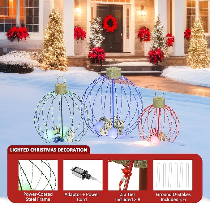 Outdoor Christmas Decorations, Set of 3 Lighted Christmas Ball Ornaments with 570 LED Lights, 6 Ground Stakes, Included 20 Small Plastic Xmas Ball Ornaments for Holiday Decor Yard-Ruum Studio Home