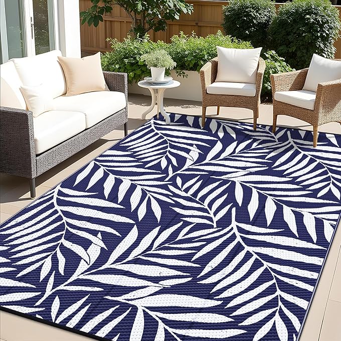 OLANLY Waterproof Outdoor Rug 9x12 ft, Reversible Outdoor Plastic Straw Rug with Leaf Pattern, RV Mat, Indoor Outdoor Carpet for Patio, Camping, Balcony, Deck, Backyard, Navy & White-Ruum Studio Home