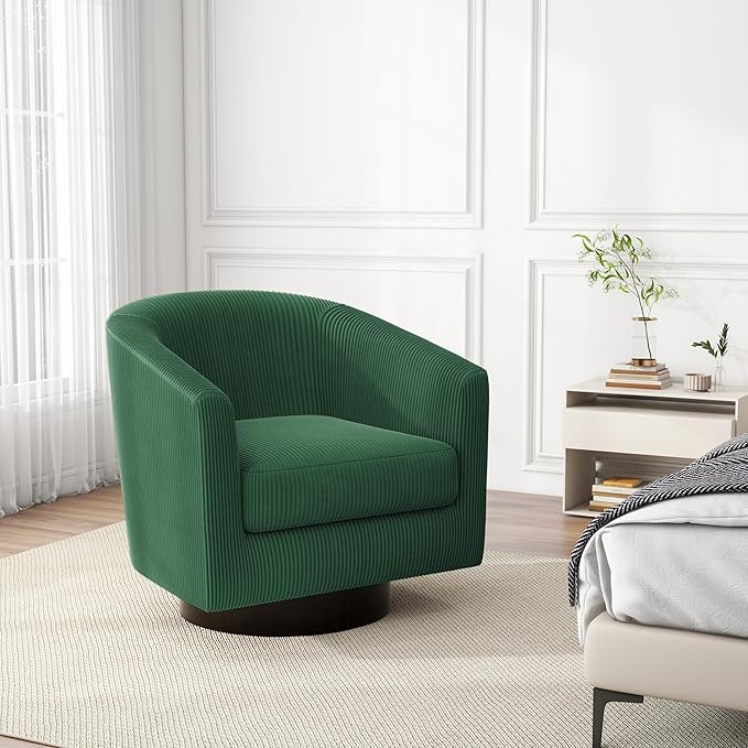 Swivel Barrel Accent Chair, Modern Round Corduroy Fabric Arm Chair for Living Room, Bedroom, Comfy Club Reading Chairs for Adults (Corduroy Dark Green, Set of 2)-Ruum Studio Home