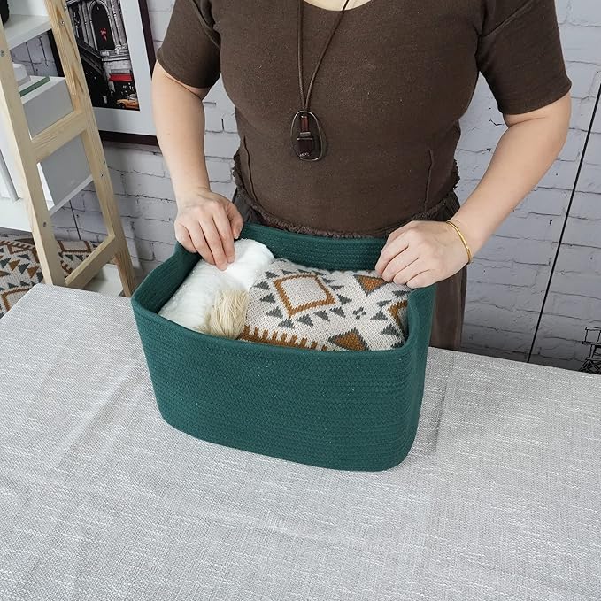 Cotton Rope storage Basket Bins14.5X9.5X9.3“ Basket for Organizing Shelves Rectangle Decorative Baskets For storage Clothes Toys Books Towels Square Wicker Nursery basket organizer 3 pack Dark green-Ruum Studio Home