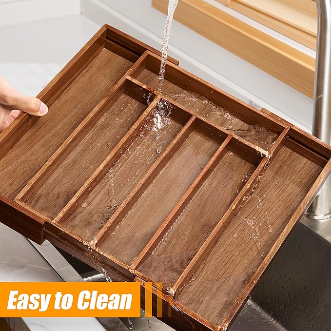 Bellsal Acacia Silverware Organizer Kitchen Drawer Organizer Expandable Bamboo Utensil Holder Cutlery Tray for Kitchen Utensil and Flatware Bedroom Office-Ruum Studio Home
