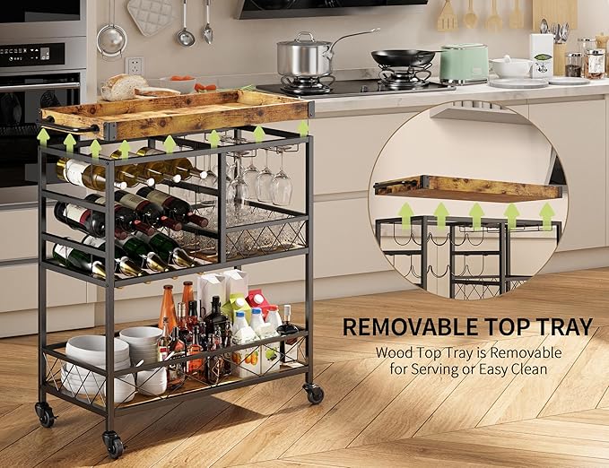 Gizoon Bar Cart, 3 Tier Coffee Cart with Lockable Wheels, 12-Bottle Wine Rack, and Hanging Glass Holder, Kitchen Rack with Removable Tray, for Kitchen, Dining Room, Entertaining, Club Party,Retro-Ruum Studio Home
