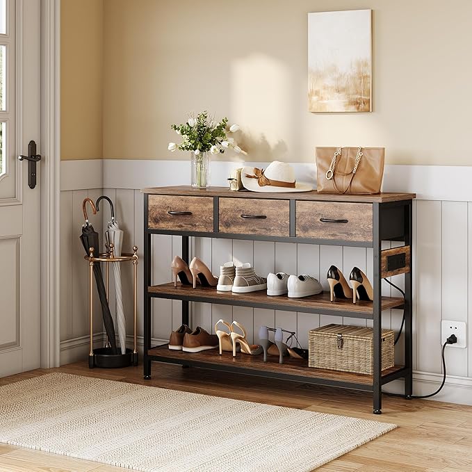 Lulive 2 Pack Entryway Tables with Power Outlets, Console Table with 3 Fabric Drawers, Sofa Table for Living Room, Hallway, Couch, Foyer, Height Adjustable-Ruum Studio Home