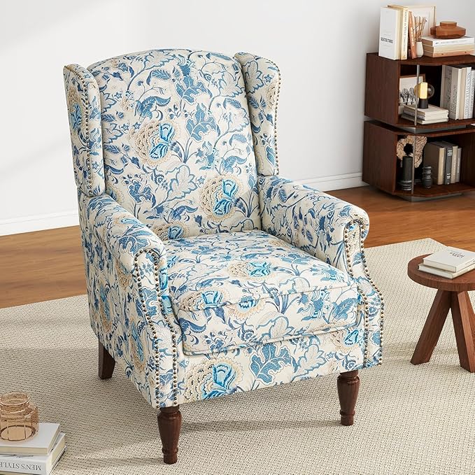 UIXE High Back Floral Accent Chair, Fabric Upholstered Armchair for Living Room, Retro Printed Wingback Arm Chair Nailhead Trim Single Sofa Bedroom Reading Seat - Boho Blue-Ruum Studio Home