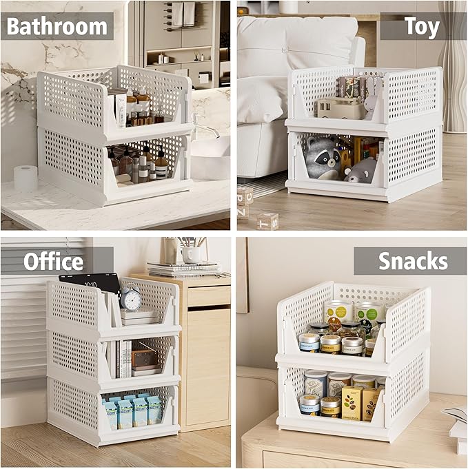 Stackable Plastic Storage Basket Closet Organizer Bin Foldable Clothes Organizer Storage Drawer Shelf Container for Living Room Bathroom Kitchen Office Laundry Room-Ruum Studio Home