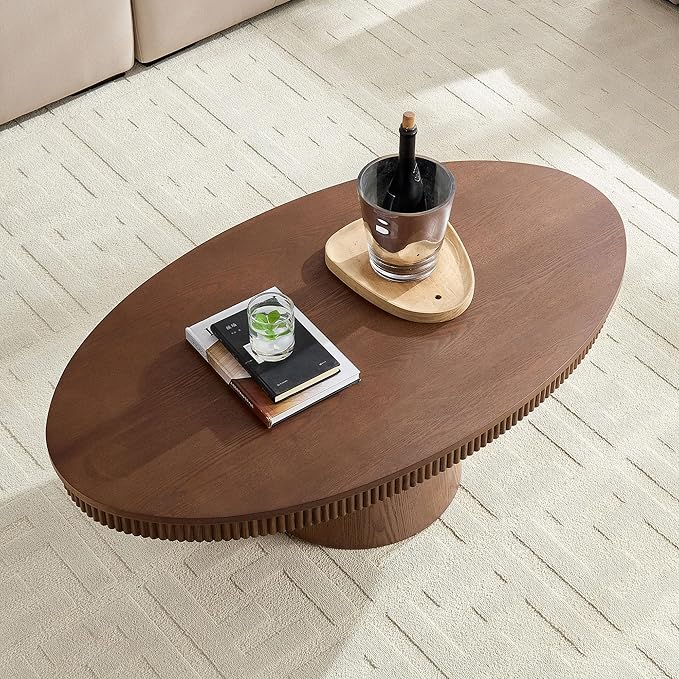 Modern Oval Coffee Table with Wood Pedestal,47.24" Farmhouse Center Table for Living Room, Ellipse Coffee Tables Tea Table for Bedroom, Apartment-Walnut-Ruum Studio Home