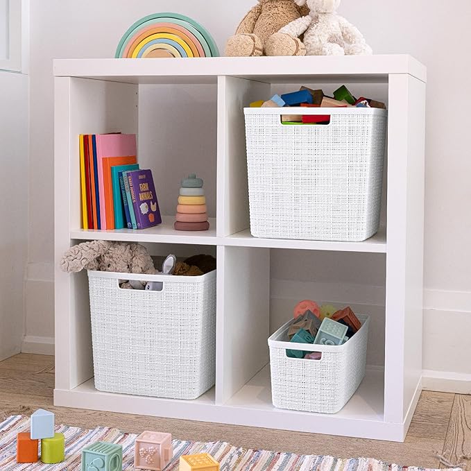 Curver Jute Decorative Plastic Organization and Storage Basket Perfect Bins for Home Office, Closet Shelves, Kitchen Pantry and All Bedroom Essentials, Slim, White, Set of 8-Ruum Studio Home