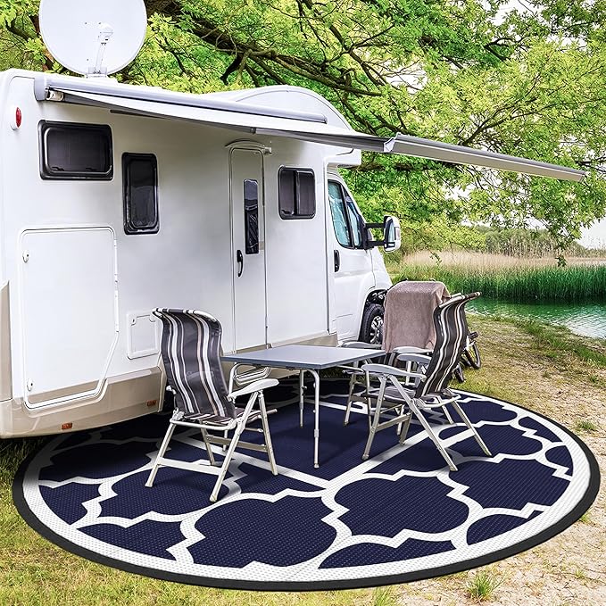 GENIMO 10 ' Round Outdoor Rug for Patio, Waterproof Indoor Outdoor Plastic Straw Rugs Carpet, Reversible Outside Area Mat for Camping, Balcony Porch, Deck, Picnic, Blue White-Ruum Studio Home