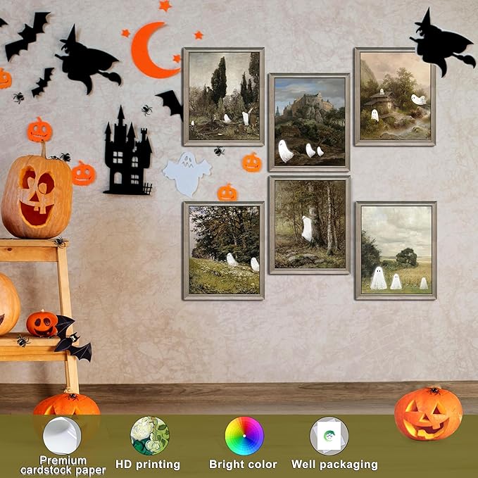 LANCHI95 6 Pcs 8x10in Halloween Wall Art Prints, Vintage Posters, Cute Ghost Pictures for Bedroom Decor (UNFRAMED)-Ruum Studio Home