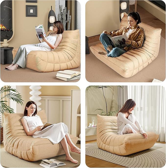 Bean Bag Chair, Lazy Floor Sofa Couch for Adults and Kids, Fireside Chair with Ergonomic Design, Memory Foam Lounge Chair for Living Room Bedroom, Office, Yellow-Ruum Studio Home