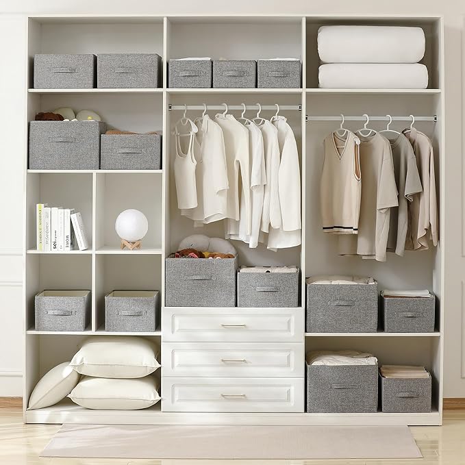 Linen Folding Storage Bins, 3 Pack Large Storage Baskets, Washable, Clothing Storage Bins with Handle, Closet Organizer for Storage Sweater,Sheets(dark grey, 18½"x11" x8½")-Ruum Studio Home
