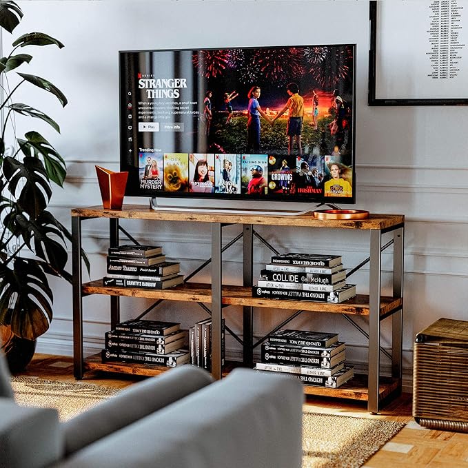 IRONCK Rustic Entryway Console Table, Long Hallway Table 55 in 3-Tier, TV Stand Entertainment Center Media Stand for Living Room, Industrial Style, Vintage Brown-Ruum Studio Home