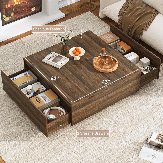 43” Square Coffee Table with Storage, Modern Large Square Center Table with 2 Drawers, Wood Coffee Table for Living Room, Walnut-Ruum Studio Home