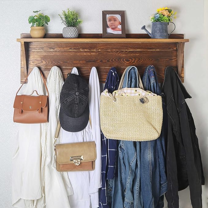 WEBI Coat Rack Wall Mount with Shelf,8 Peg Hooks,34" Long Rustic Entryway Wall Shelf with Hooks Underneath for Hanging Coats,Clothes,Bathroom,Rustic Brown-Ruum Studio Home