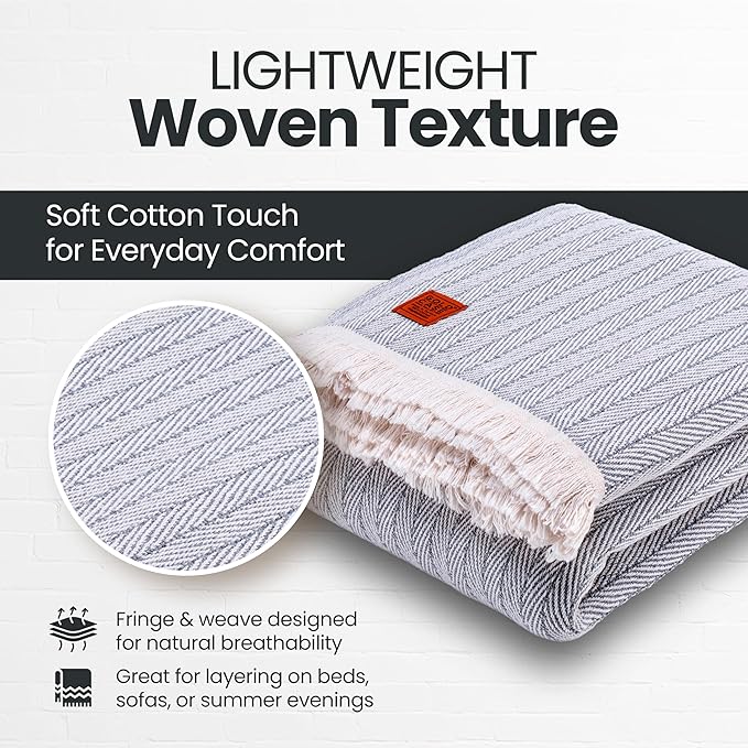 Gold Case Throw Blanket for Bed – 100% Recycled Turkish Cotton Bed Blanket – Decorative Throw Cotton Blankets for Living Room & Bedroom – Woven Twin Blankets - 71x90 - Grey-Ruum Studio Home
