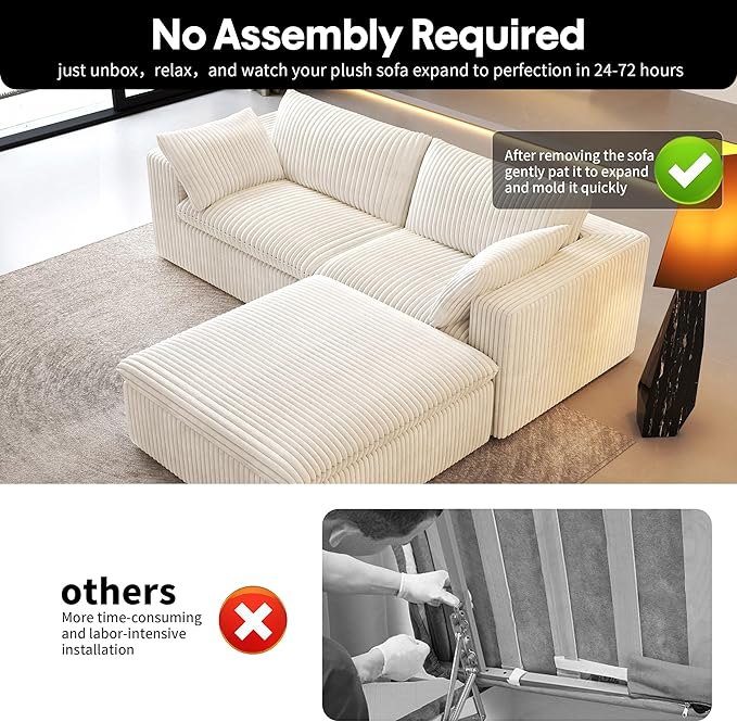 78.74" L Shaped Modern Sofa Modular Sectional Cloud Couch with Ottoman,Upholstered Couches with Plush Corduroy Fabric for Living Room Furniture,Bedroom and Apartment,No Assembly Required,White-Ruum Studio Home