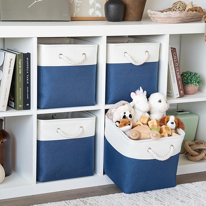 OrganiHaus 12x12 Cube Storage Bins 4 Pack, Foldable Cube Storage Organizer w/ Rope Handles, Collapsible Fabric Bins for Toys, Clothes & Closet Organization, Fabric Square Baskets - Navy Blue-Ruum Studio Home