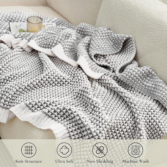 Amélie Home Chenille Waffle Throw Blanket for Couch, Reversible Pineapple Stitch Knit Soft Cozy Knit Blanket Lightweight Warm Decorative Throw for Sofa, Bed, Living Room, 50"x60", Grey&Ivory-Ruum Studio Home