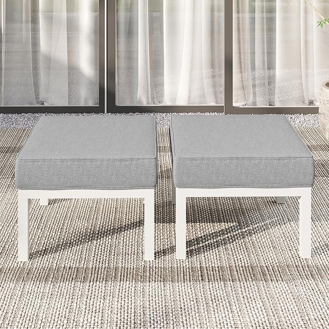 Solaste Outdoor Footstools Patio Ottoman Set of 2, Aluminum All-Weather Outdoor Footrest Seat with Removable Cushions, Patio Furniture Ottomans for Garden, Backyard, Poolside-White-Ruum Studio Home