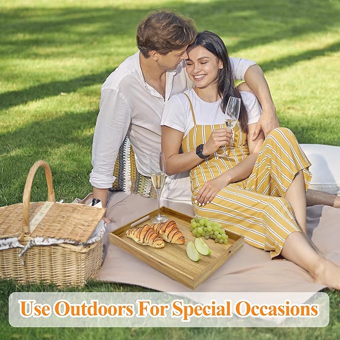 3 Pack Acacia Wood Serving Tray with Handles, Decorative Serving Trays Platter for Breakfast in Bed, Lunch, Dinner, Patio, Ottoman, Coffee Table, BBQ, Party, Great for Lap &Couch (Set of 3)-Ruum Studio Home